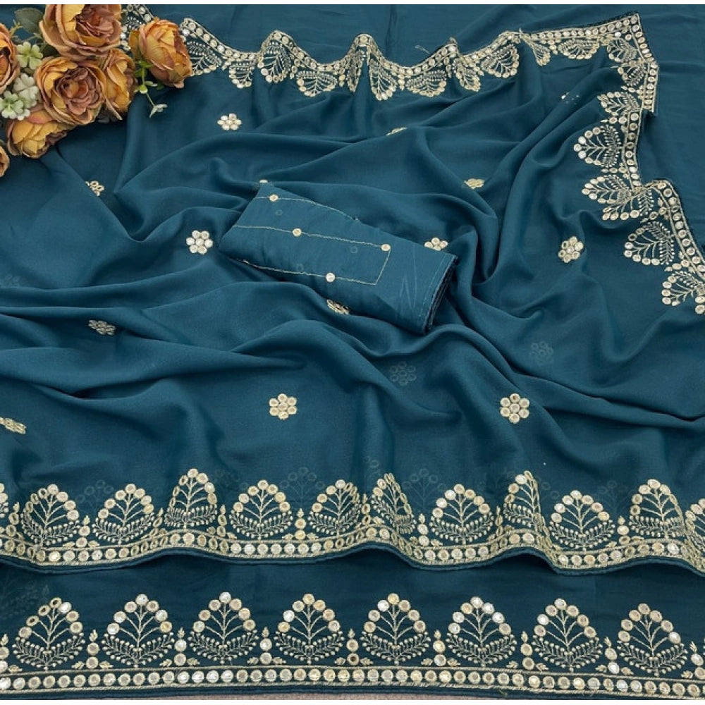 Women's Georgette Embellished Saree With Unstitched Blouse 5.5 Mtr (Blue)