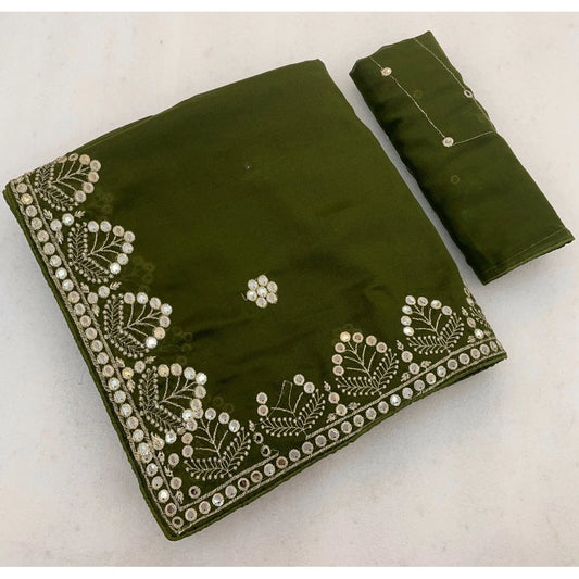 Women's Georgette Embellished Saree With Unstitched Blouse 5.5m (Green)