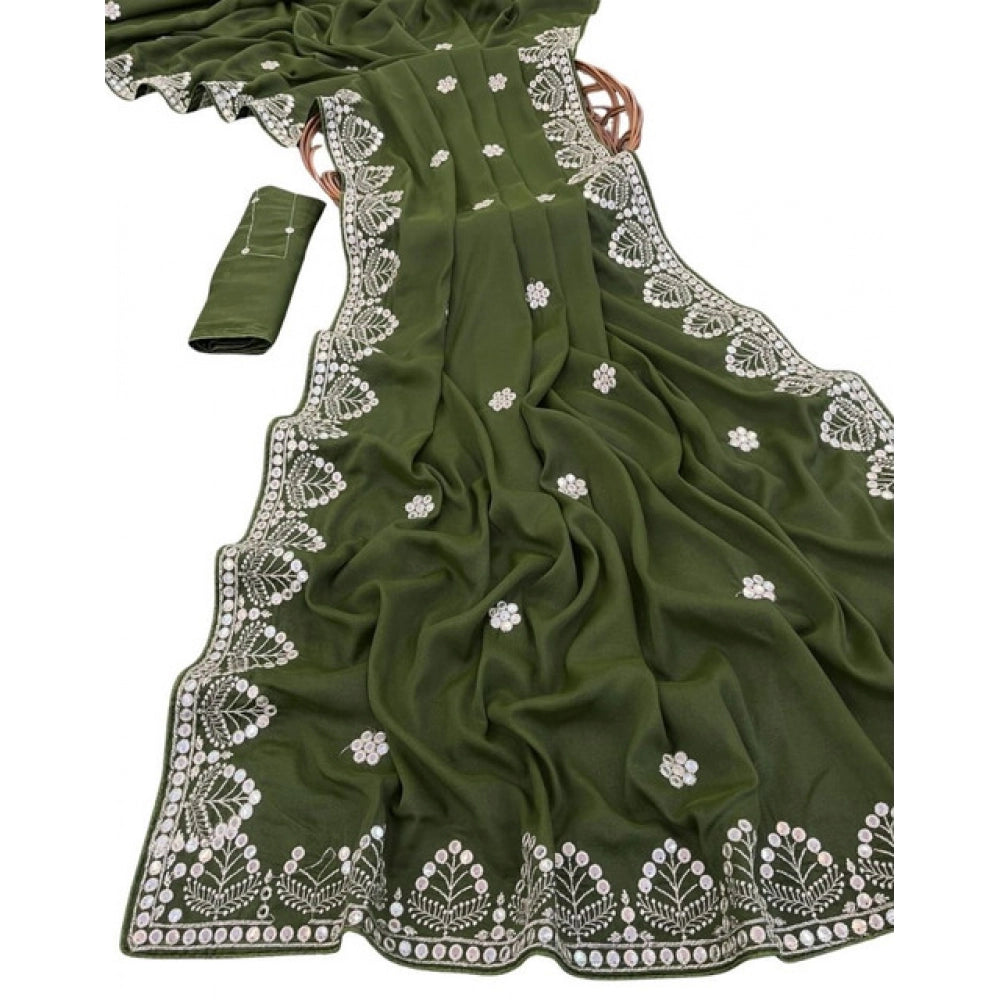 Women's Georgette Embellished Saree With Unstitched Blouse 5.5 Mtr (Green)