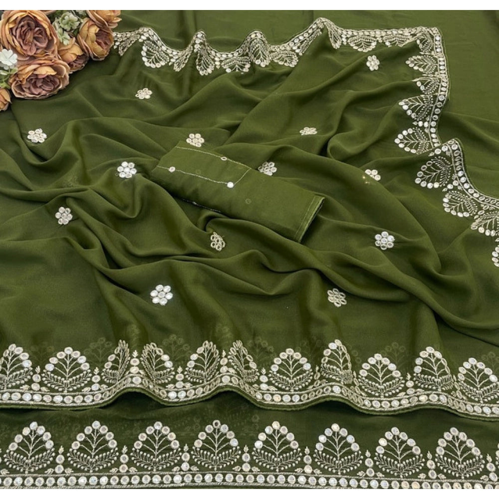 Women's Georgette Embellished Saree With Unstitched Blouse 5.5 Mtr (Green)