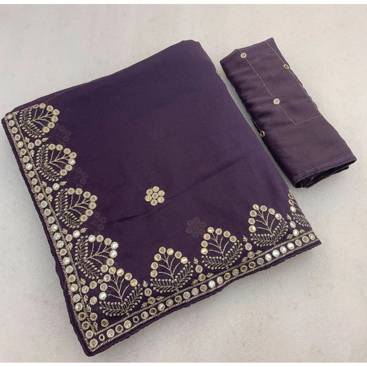 Women's Georgette Embellished Saree With Unstitched Blouse 5.5m (Levander)