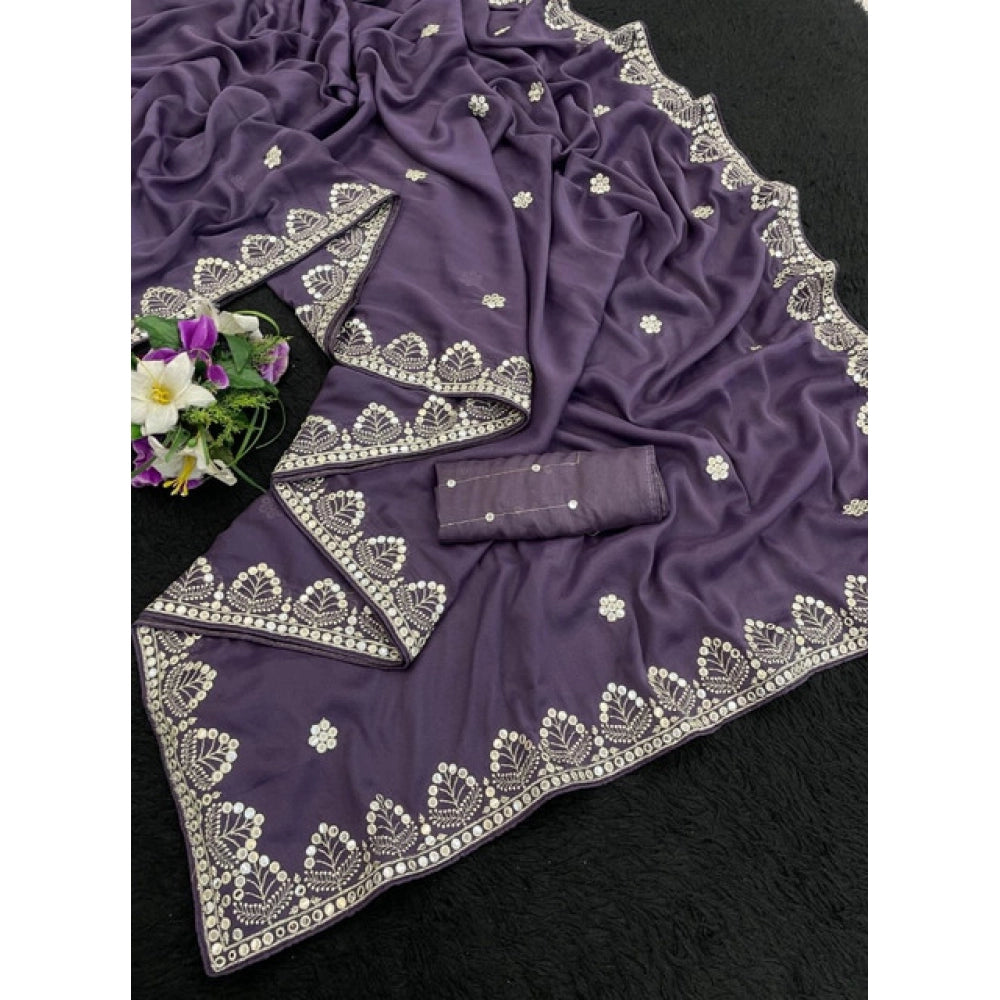 Women's Georgette Embellished Saree With Unstitched Blouse 5.5 Mtr (Levander)