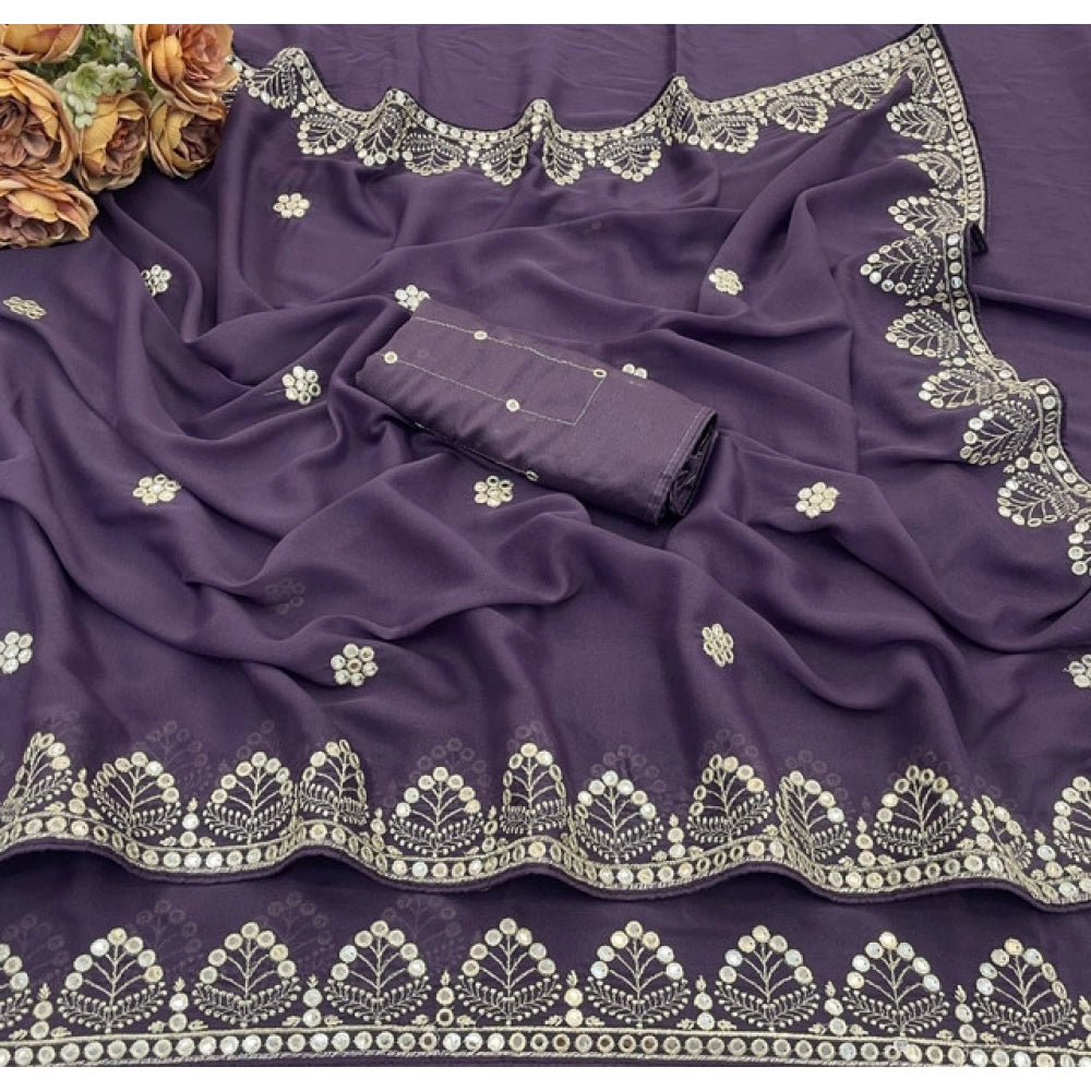 Women's Georgette Embellished Saree With Unstitched Blouse 5.5 Mtr (Levander)