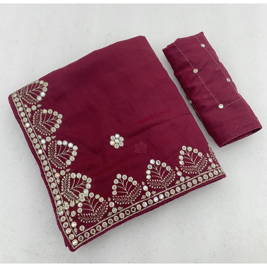 Women's Georgette Embellished Saree With Unstitched Blouse 5.5m (Maroon)