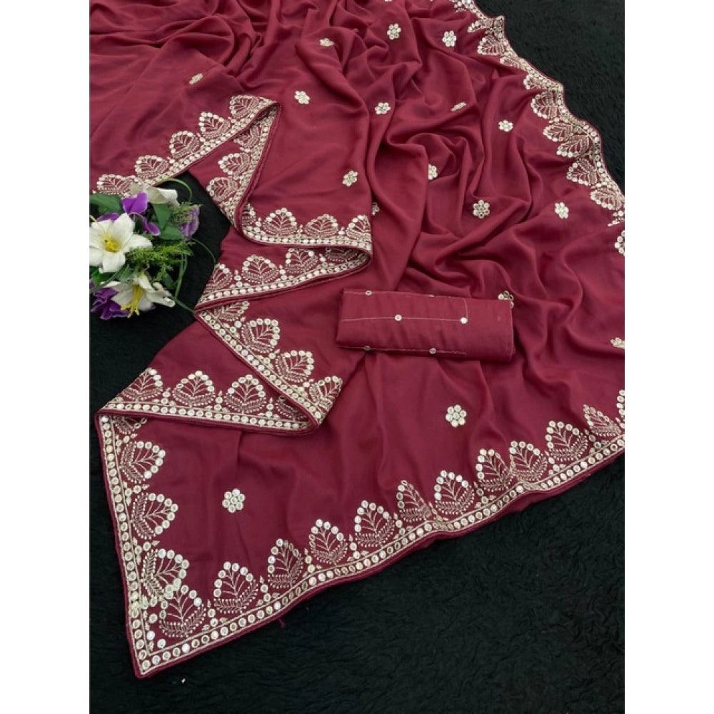 Women's Georgette Embellished Saree With Unstitched Blouse 5.5 Mtr (Maroon)