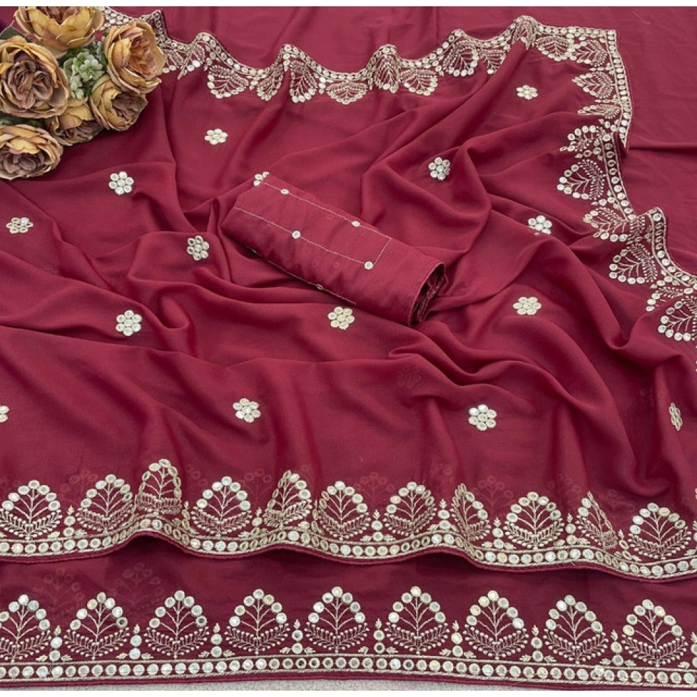 Women's Georgette Embellished Saree With Unstitched Blouse 5.5 Mtr (Maroon)