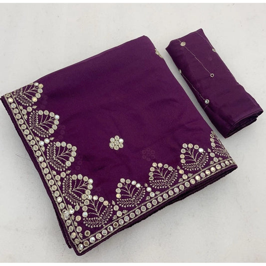 Women's Georgette Embellished Saree With Unstitched Blouse 5.5m (Purple)