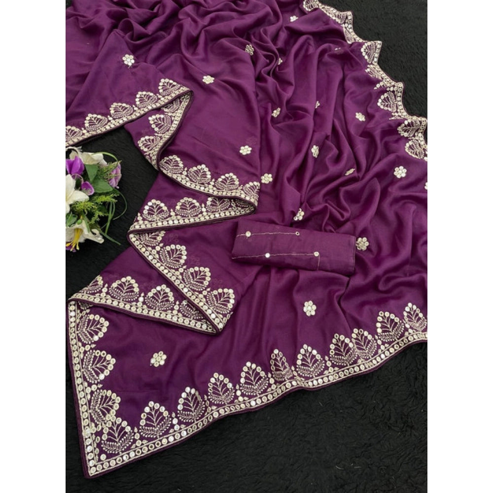Women's Georgette Embellished Saree With Unstitched Blouse 5.5 Mtr (Purple)
