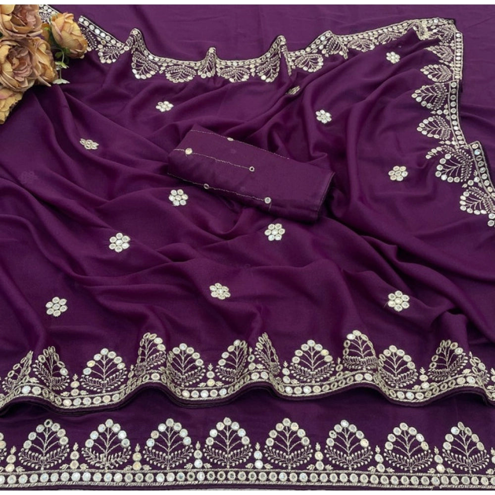 Women's Georgette Embellished Saree With Unstitched Blouse 5.5 Mtr (Purple)