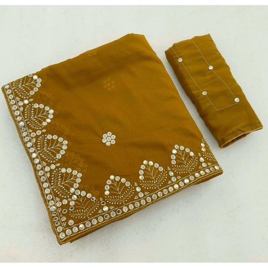 Women's Georgette Embellished Saree With Unstitched Blouse 5.5m (Mustard-Yellow)