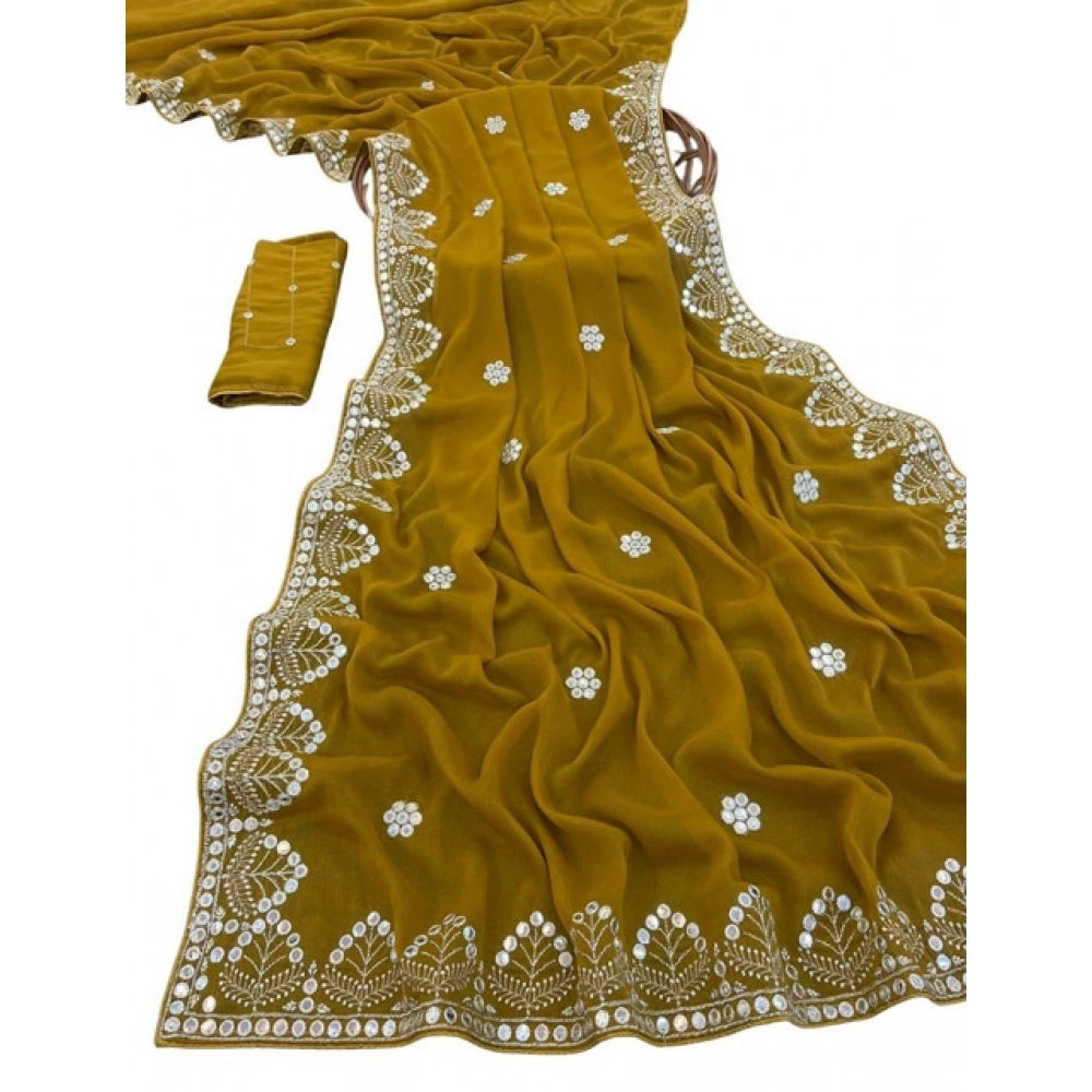 Women's Georgette Embellished Saree With Unstitched Blouse 5.5 Mtr (Mustard-Yellow)