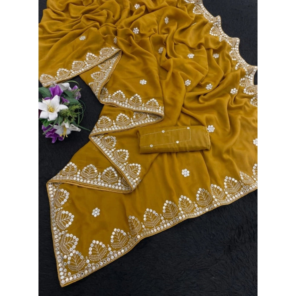 Women's Georgette Embellished Saree With Unstitched Blouse 5.5 Mtr (Mustard-Yellow)