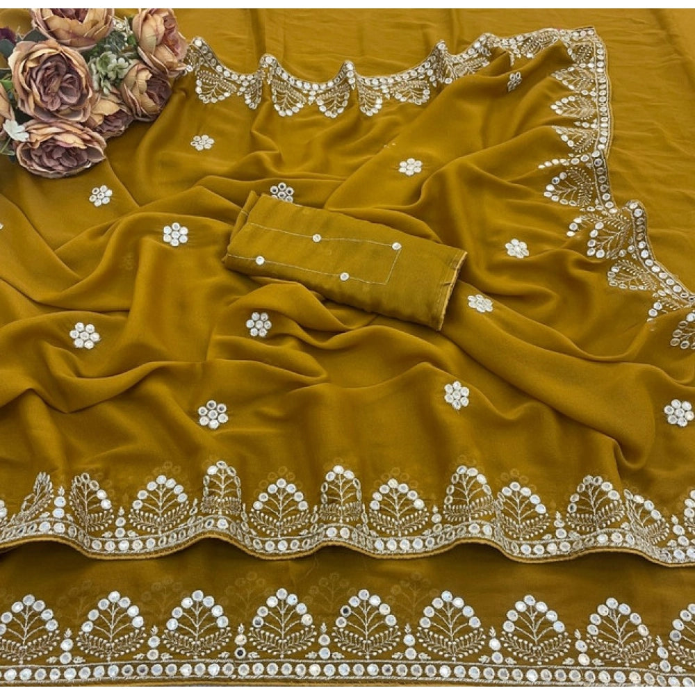 Women's Georgette Embellished Saree With Unstitched Blouse 5.5 Mtr (Mustard-Yellow)