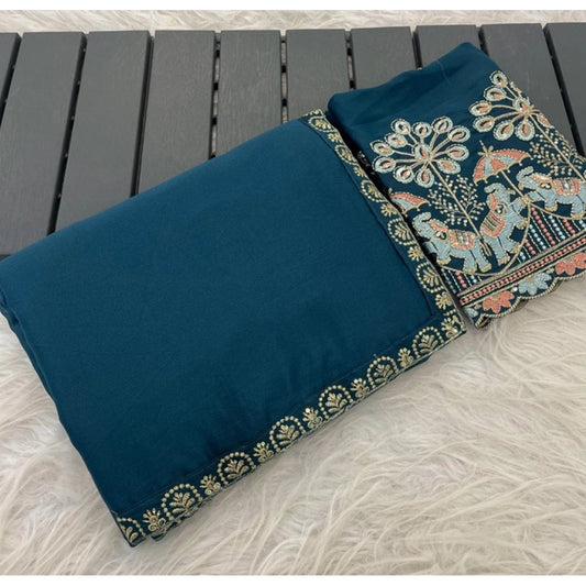 Women's Art Silk Embroidered Saree With Unstitched Blouse 5.5m (Blue)