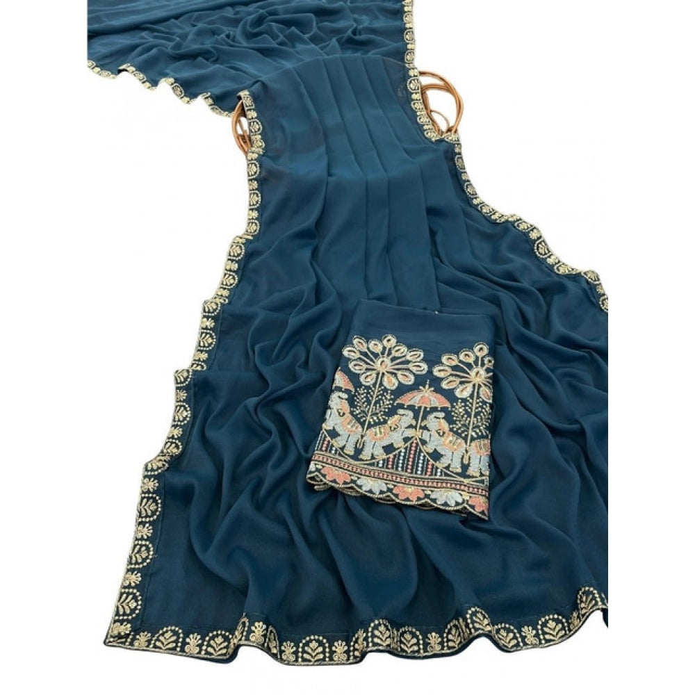 Women's Art Silk Embroidered Saree With Unstitched Blouse 5.5 Mtr (Blue)