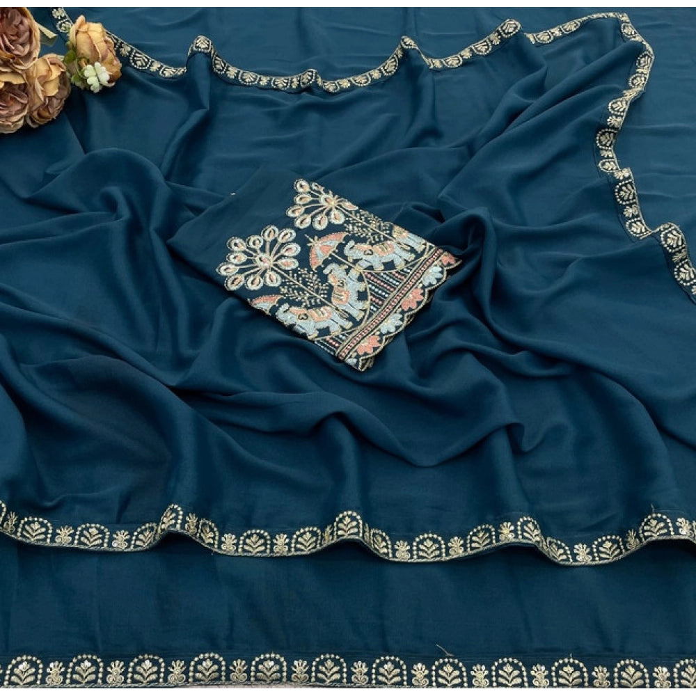 Women's Art Silk Embroidered Saree With Unstitched Blouse 5.5 Mtr (Blue)