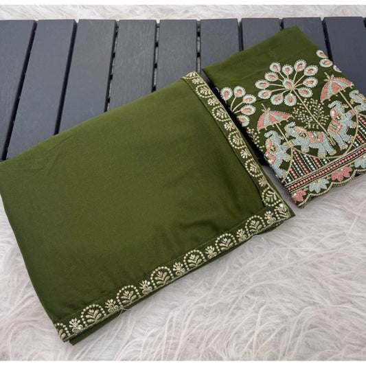 Women's Art Silk Embroidered Saree With Unstitched Blouse 5.5m (Green)