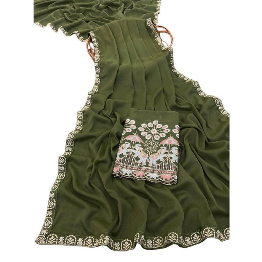Women's Art Silk Embroidered Saree With Unstitched Blouse 5.5 Mtr (Green)