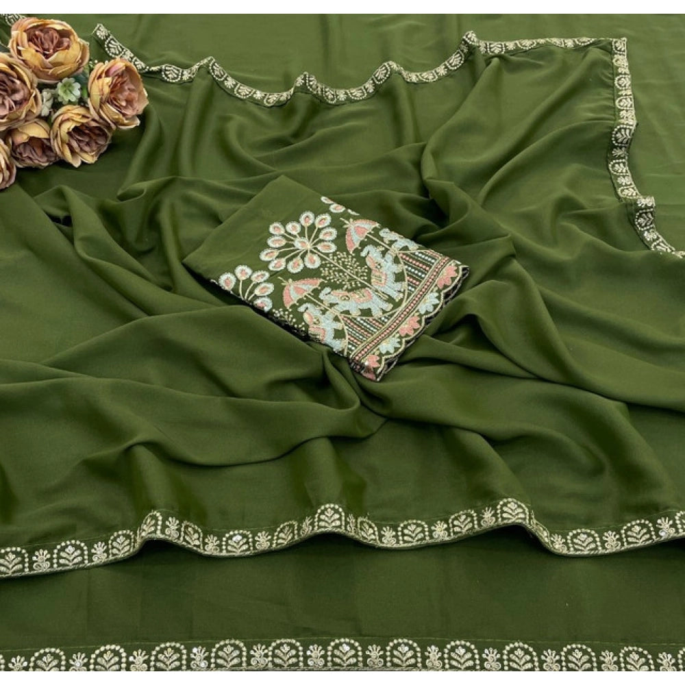 Women's Art Silk Embroidered Saree With Unstitched Blouse 5.5 Mtr (Green)
