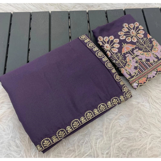 Women's Art Silk Embroidered Saree With Unstitched Blouse 5.5m (Lavender)