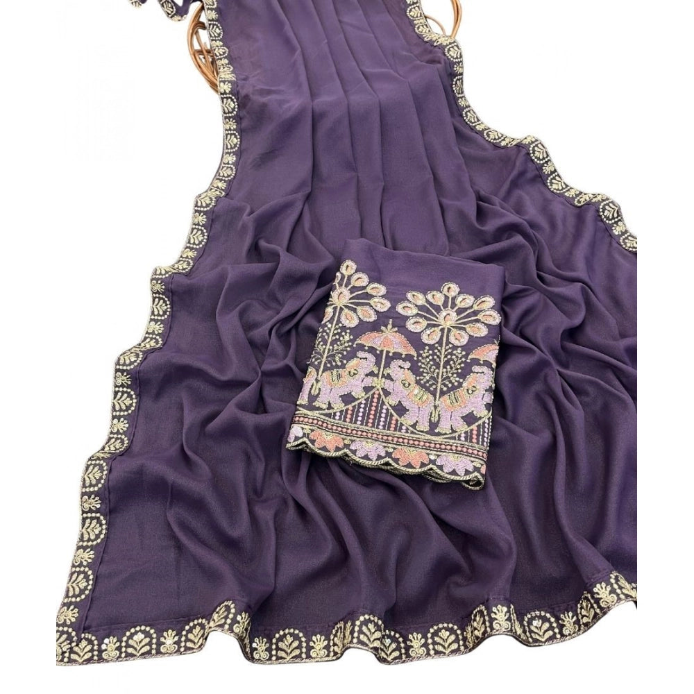 Women's Art Silk Embroidered Saree With Unstitched Blouse 5.5 Mtr (Lavender)