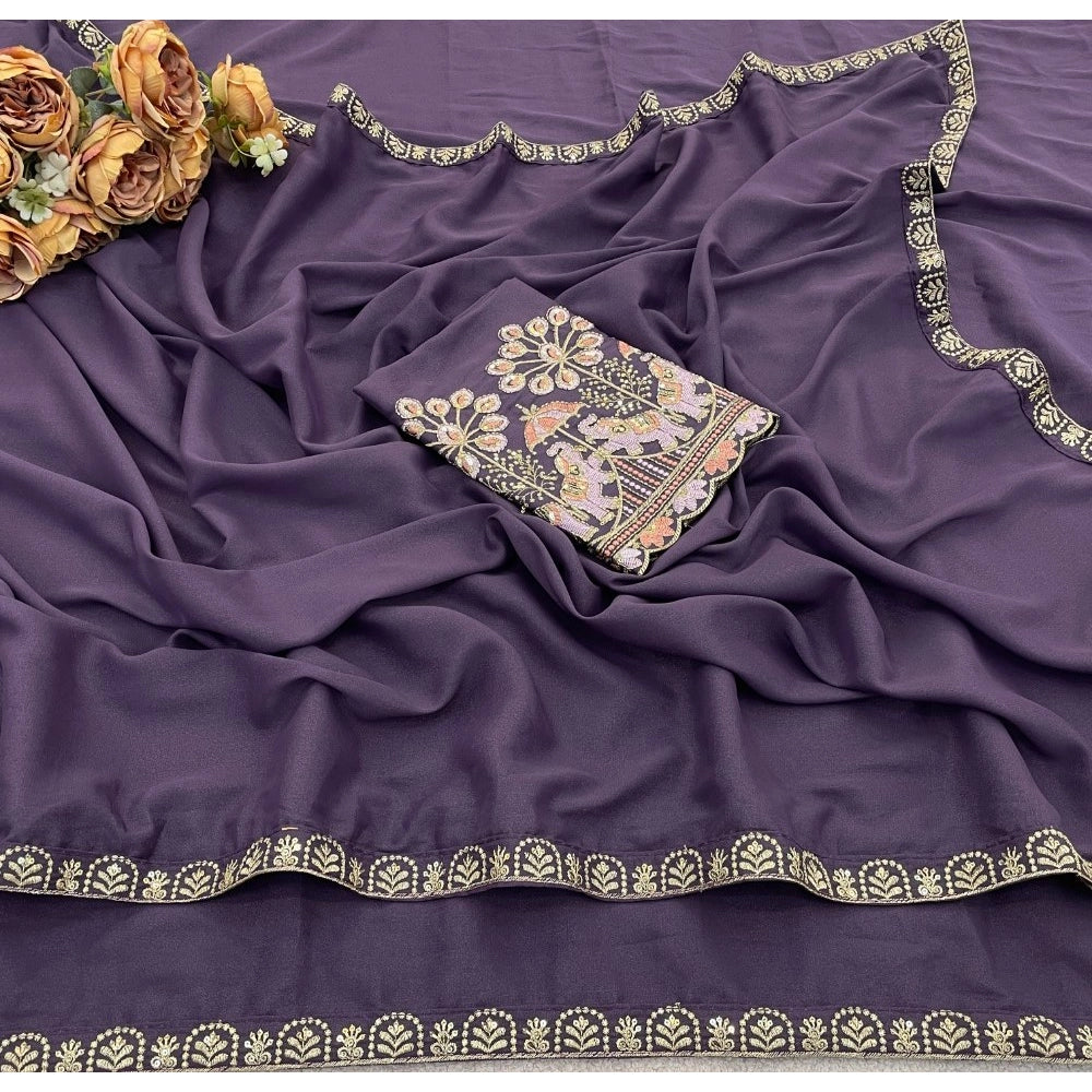 Women's Art Silk Embroidered Saree With Unstitched Blouse 5.5 Mtr (Lavender)