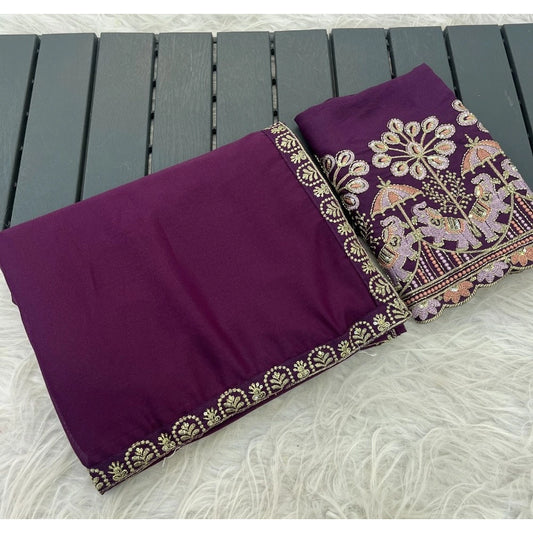 Women's Art Silk Embroidered Saree With Unstitched Blouse 5.5m (Purple)
