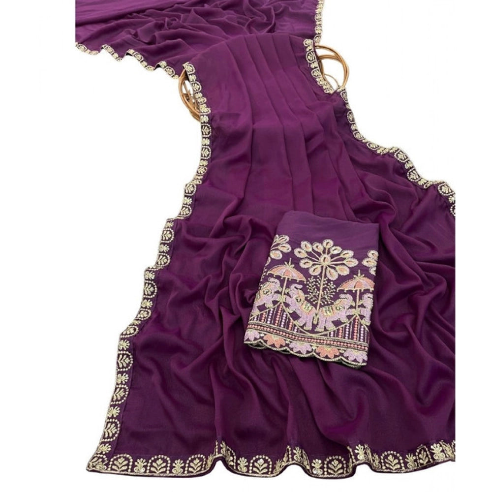 Women's Art Silk Embroidered Saree With Unstitched Blouse 5.5 Mtr (Purple)