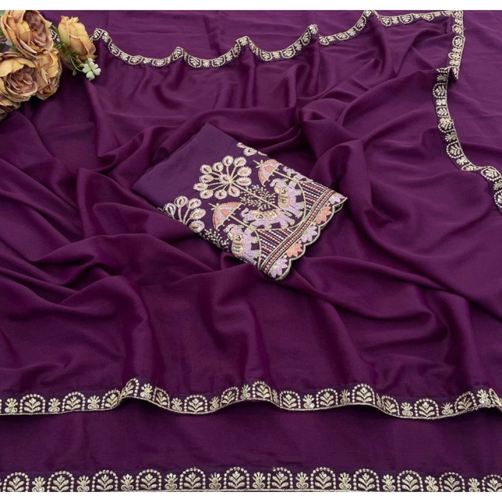 Women's Art Silk Embroidered Saree With Unstitched Blouse 5.5 Mtr (Purple)