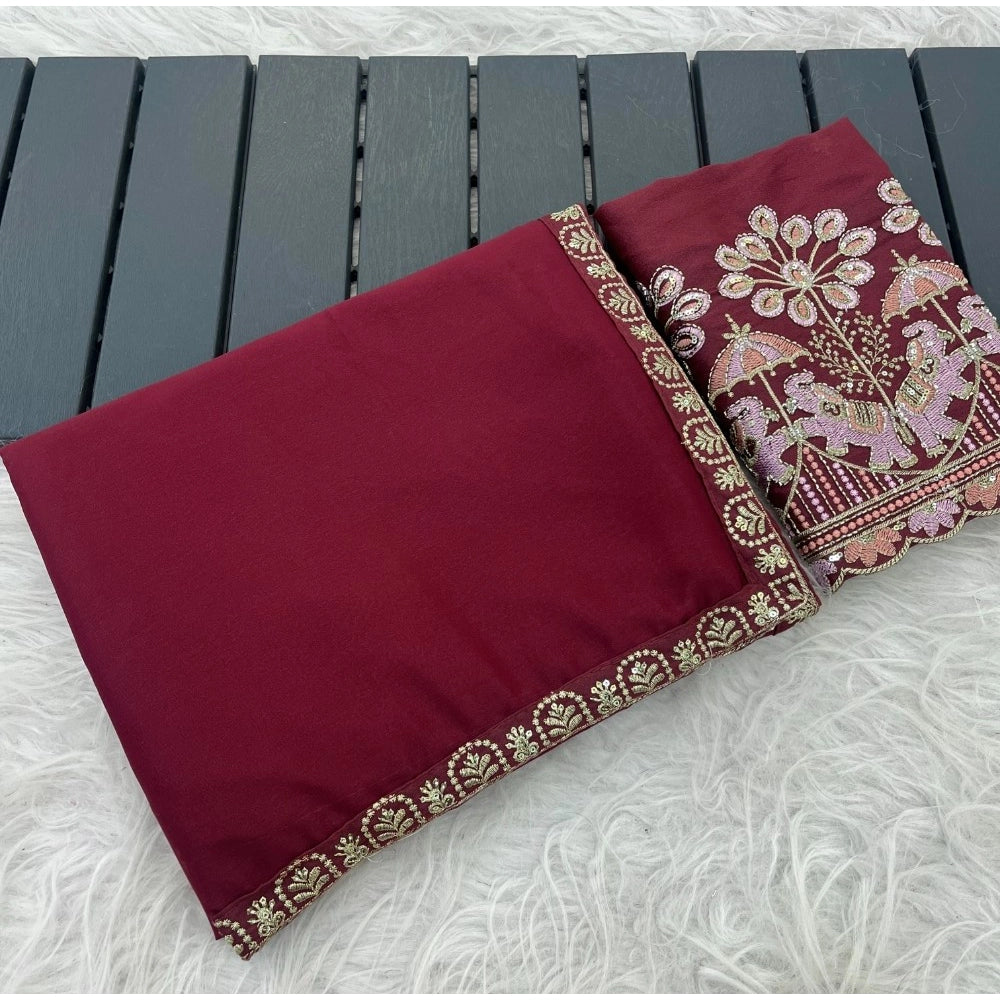 Women's Art Silk Embroidered Saree With Unstitched Blouse 5.5 Mtr (Maroon)