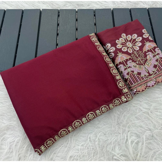 Women's Art Silk Embroidered Saree With Unstitched Blouse 5.5m (Maroon)