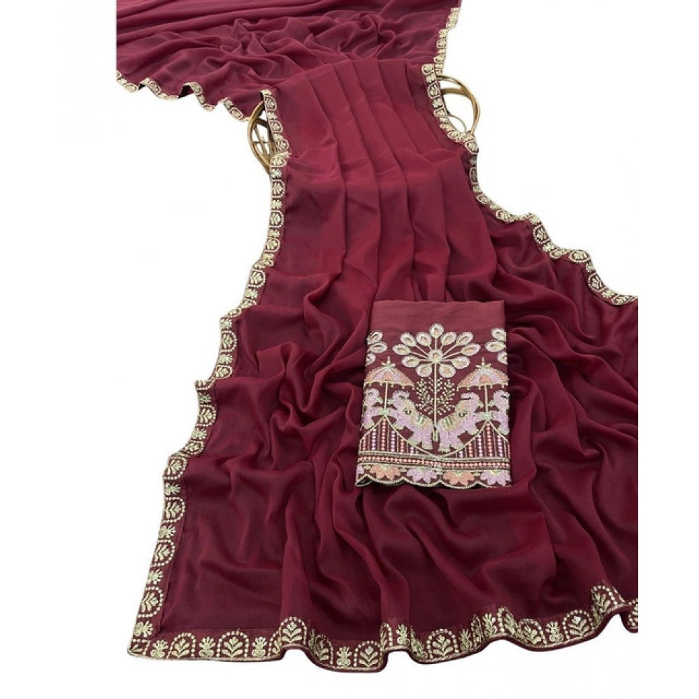 Women's Art Silk Embroidered Saree With Unstitched Blouse 5.5 Mtr (Maroon)