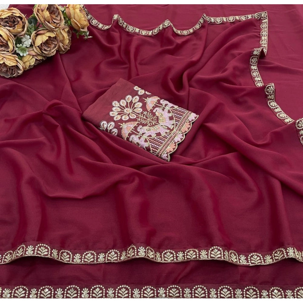 Women's Art Silk Embroidered Saree With Unstitched Blouse 5.5 Mtr (Maroon)