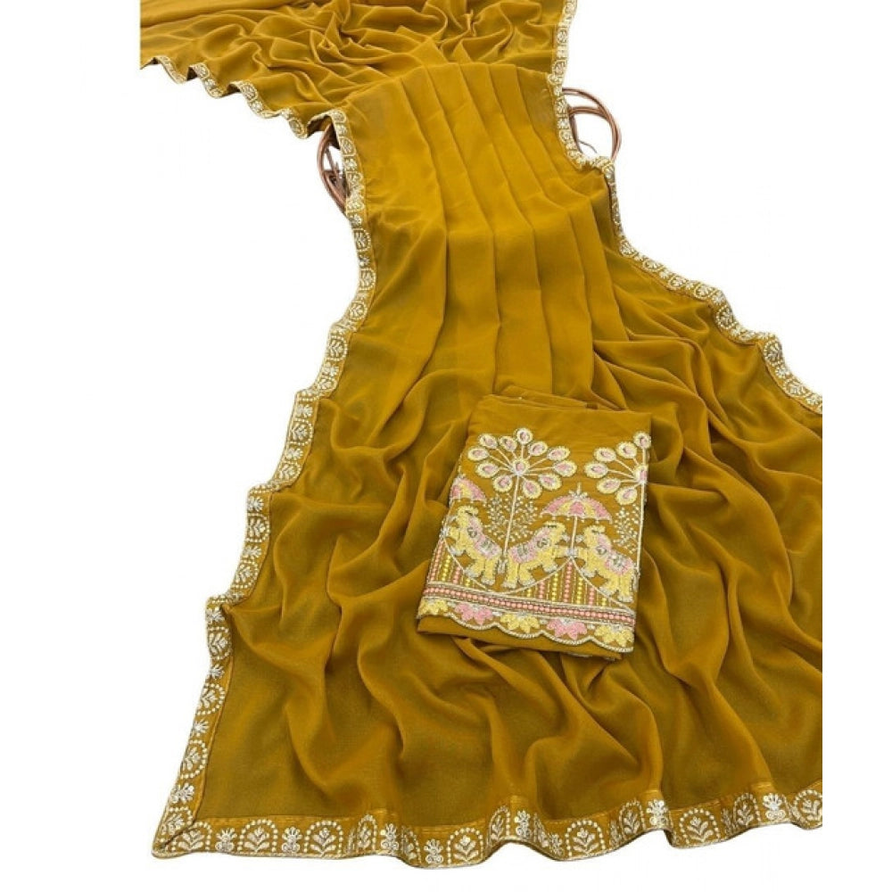 Women's Art Silk Embroidered Saree With Unstitched Blouse 5.5 Mtr (Yellow)