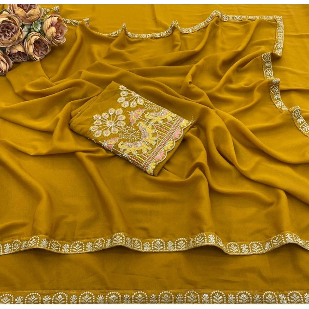 Women's Art Silk Embroidered Saree With Unstitched Blouse 5.5 Mtr (Yellow)