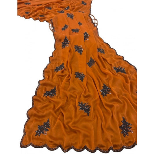 Women's Viscose Silk Embroidered Saree With Unstitched Blouse 5.5m (Orange)
