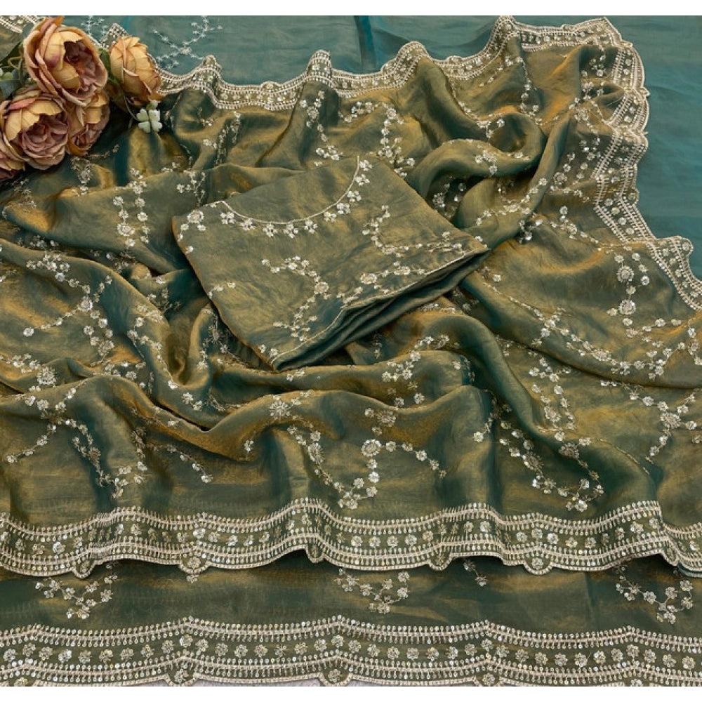 Women's Silk Embellished Saree With Unstitched Blouse 5.5 Mtr (Green)