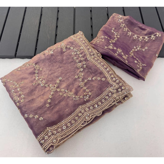 Women's Silk Embellished Saree With Unstitched Blouse 5.5m (Lavender)