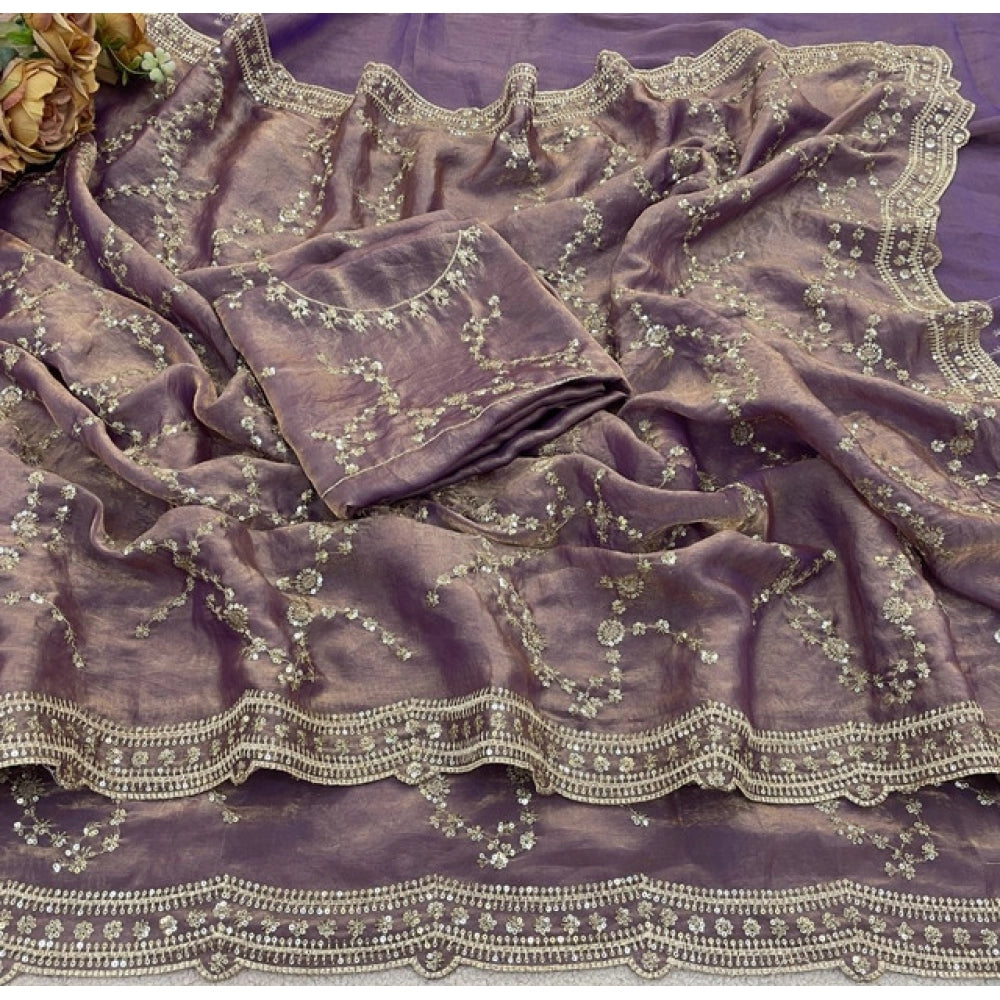 Women's Silk Embellished Saree With Unstitched Blouse 5.5 Mtr (Lavender)