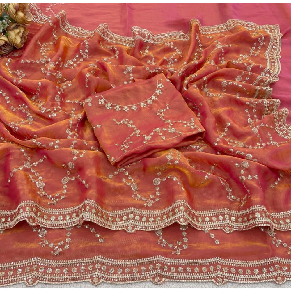 Women's Silk Embellished Saree With Unstitched Blouse 5.5 Mtr (Orange)