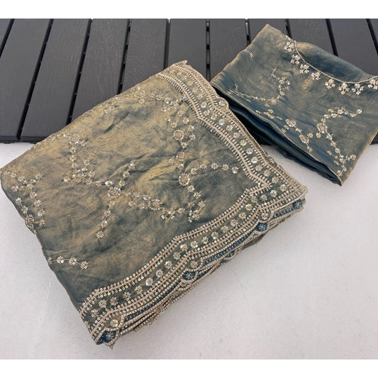 Women's Silk Embellished Saree With Unstitched Blouse 5.5m (Grey)