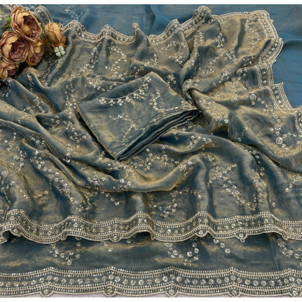 Women's Silk Embellished Saree With Unstitched Blouse 5.5 Mtr (Grey)