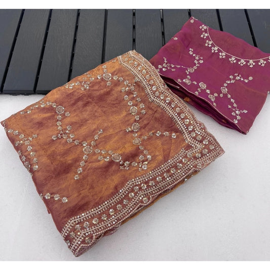Women's Silk Embellished Saree With Unstitched Blouse 5.5m (Peach)