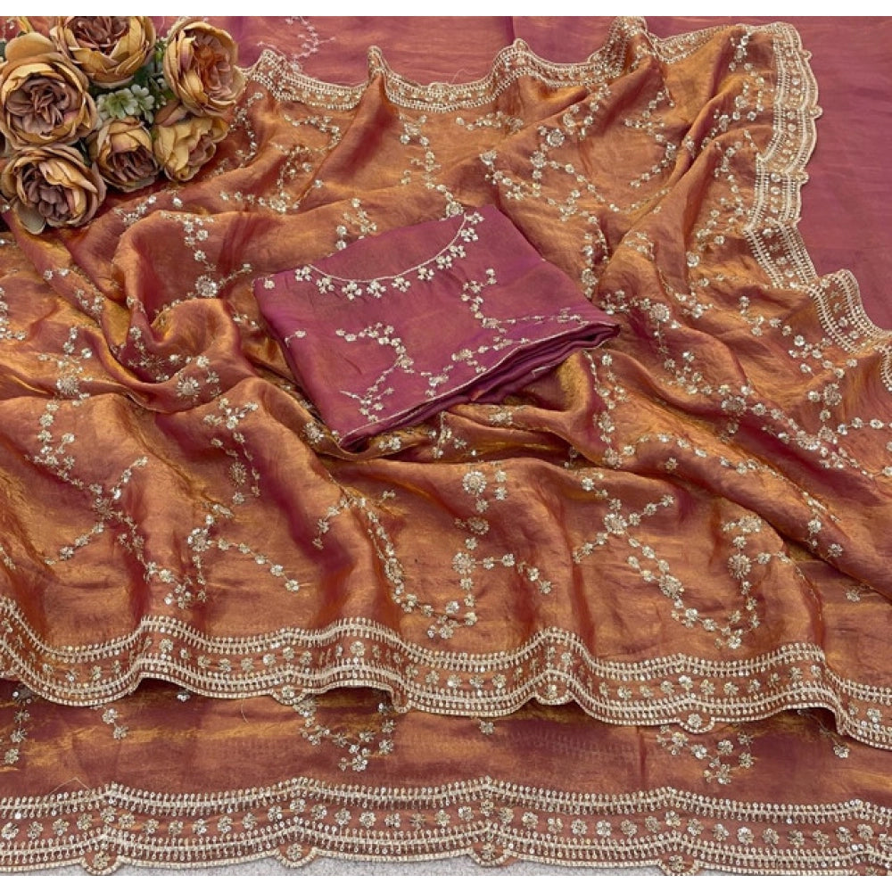 Women's Silk Embellished Saree With Unstitched Blouse 5.5 Mtr (Peach)