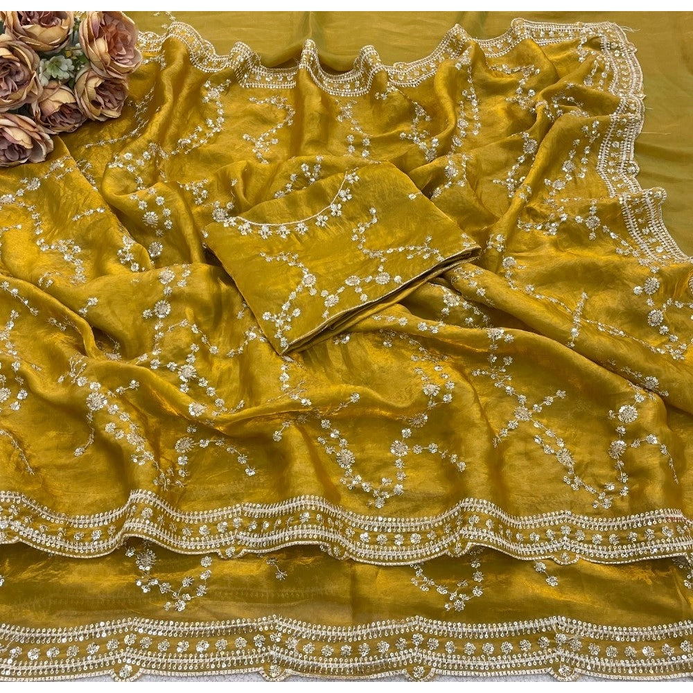 Women's Silk Embellished Saree With Unstitched Blouse 5.5 Mtr (Mustard-Yellow)