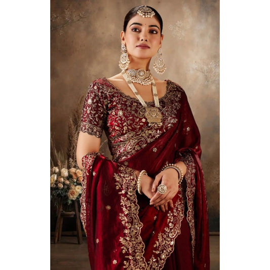 Women's Silk Embroidered Saree With Unstitched Blouse 5.5m (Maroon)