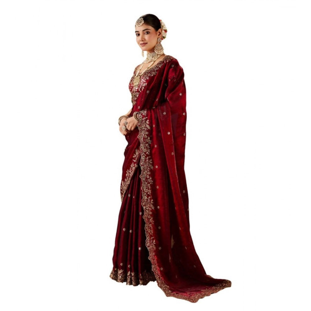 Women's Silk Embroidered Saree With Unstitched Blouse 5.5 Mtr (Maroon)