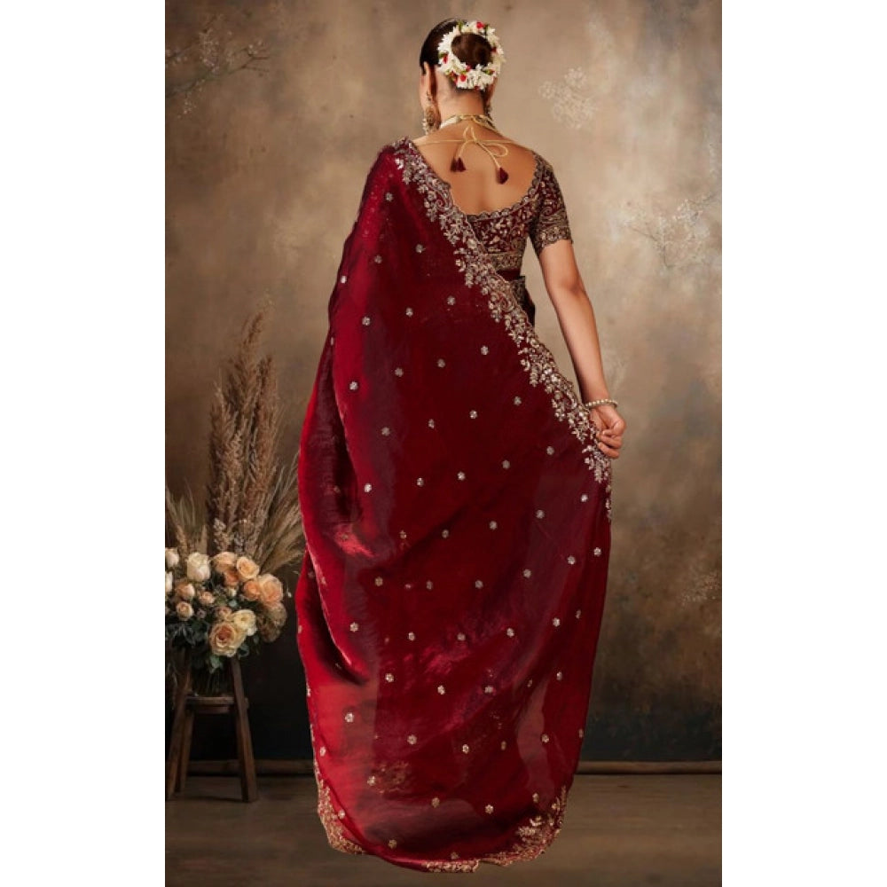 Women's Silk Embroidered Saree With Unstitched Blouse 5.5 Mtr (Maroon)