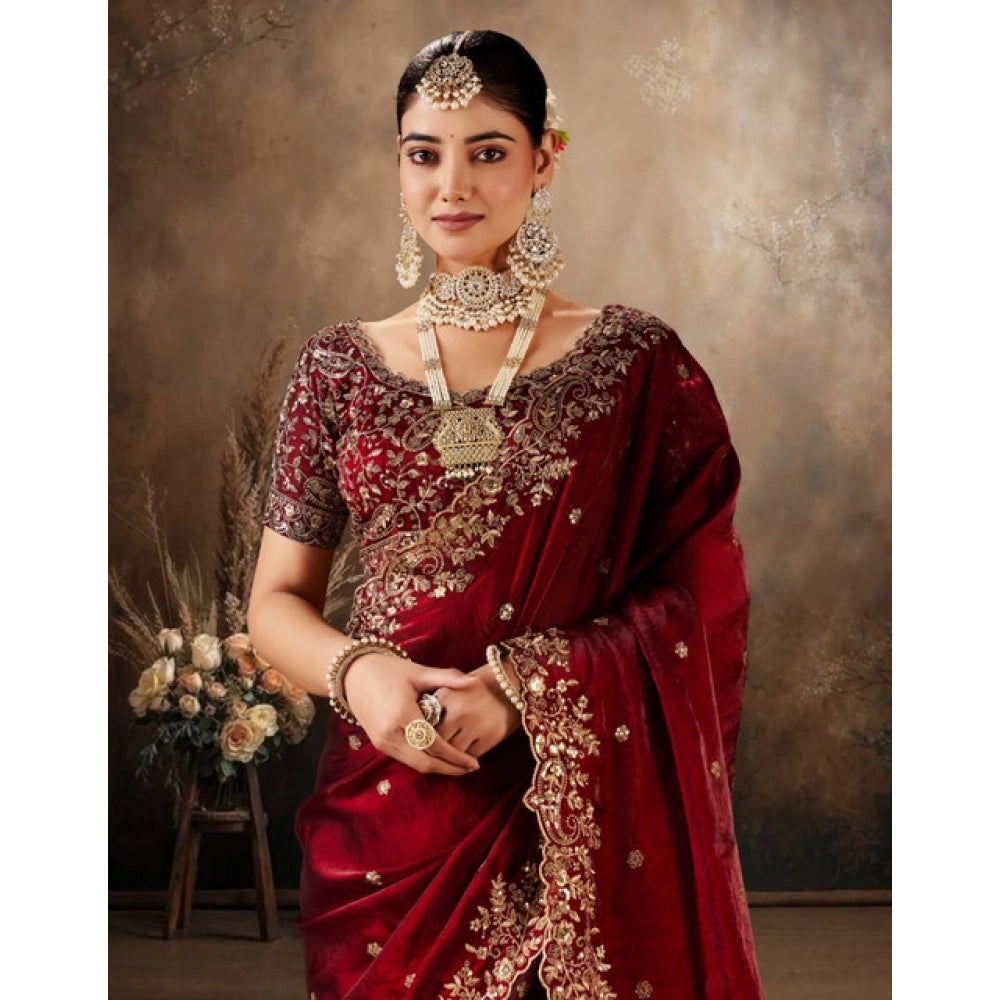 Women's Silk Embroidered Saree With Unstitched Blouse 5.5 Mtr (Maroon)