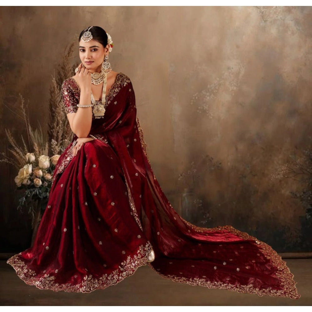 Women's Silk Embroidered Saree With Unstitched Blouse 5.5 Mtr (Maroon)